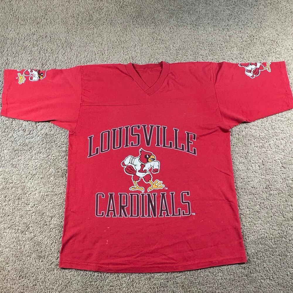 Vintage Louisville‎ Cardinals T-Shirt Red V-Neck Graphic Tee NCAA Mens Sz Large